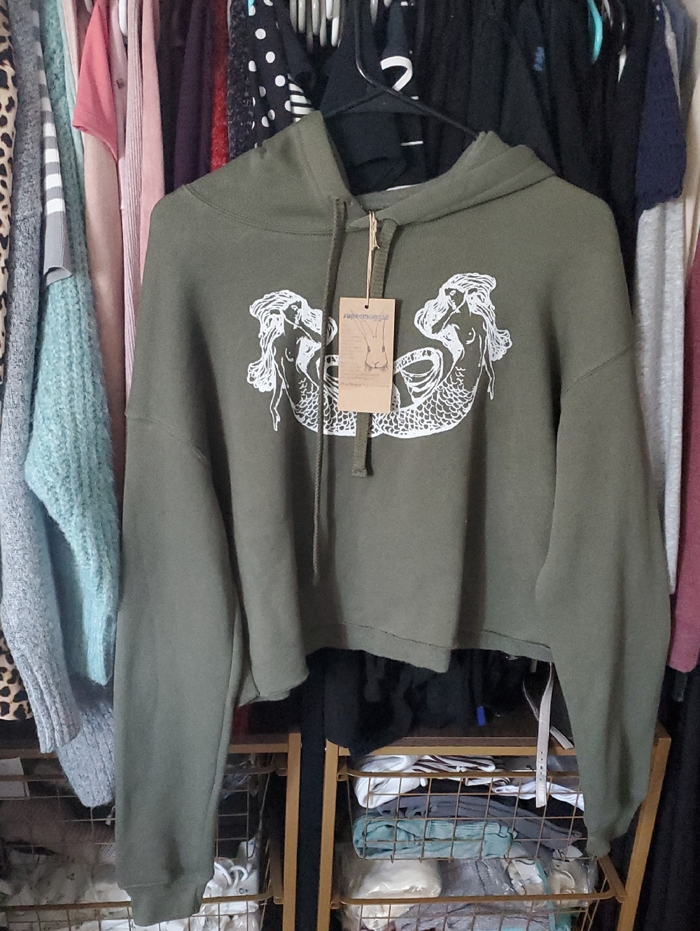 Olive Green Cropped Hoodie Sweater with Mermaid Graphic